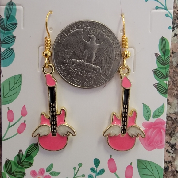 *2 for $13* Pink Electric Bass Guitar 🎸 Music Lover Gold-Tone Earrings - Picture 4 of 5